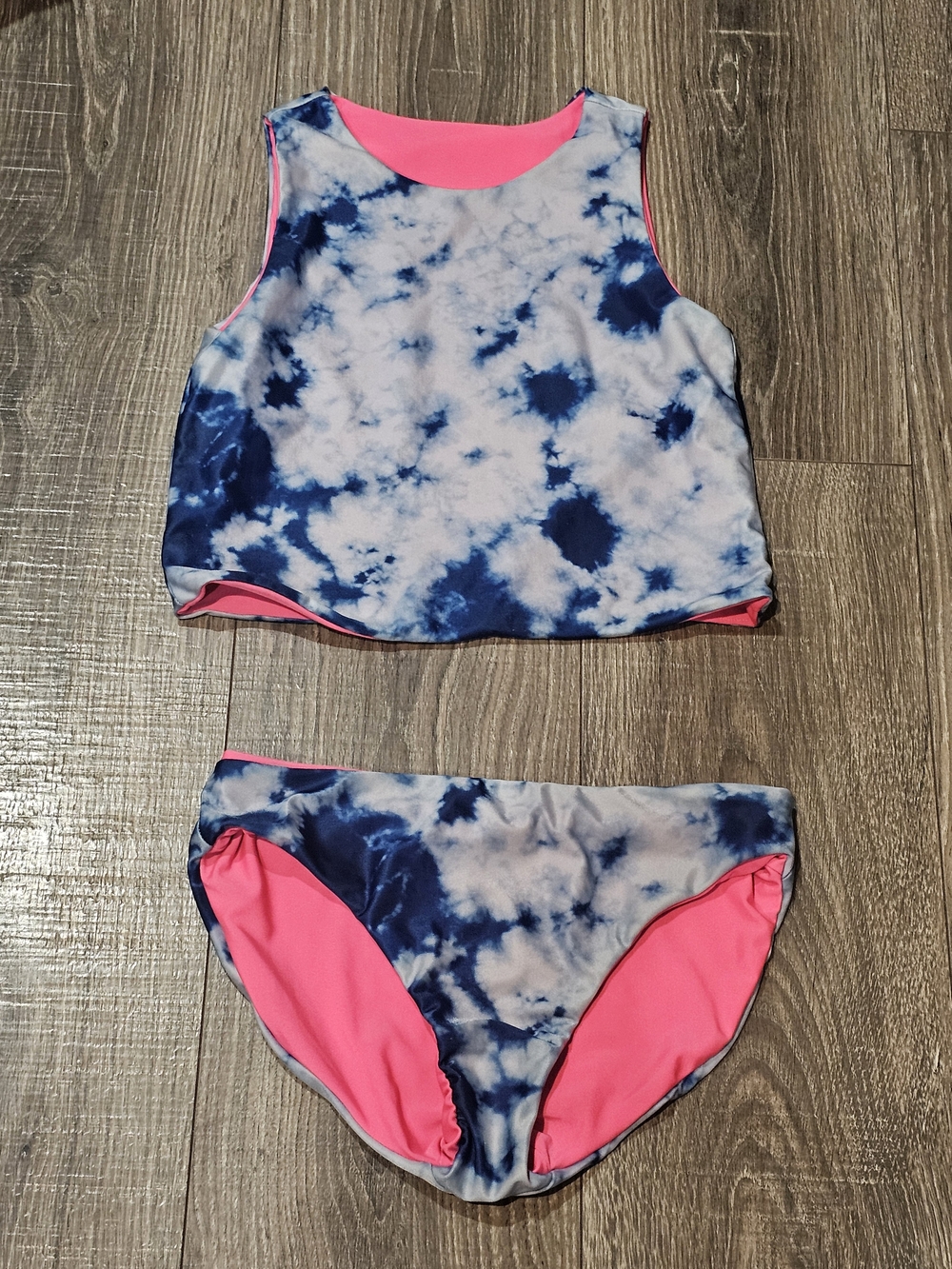 Girls Reversible Blue Tie-Dye & Pink Kids Tankini Swim Set Size 10/12